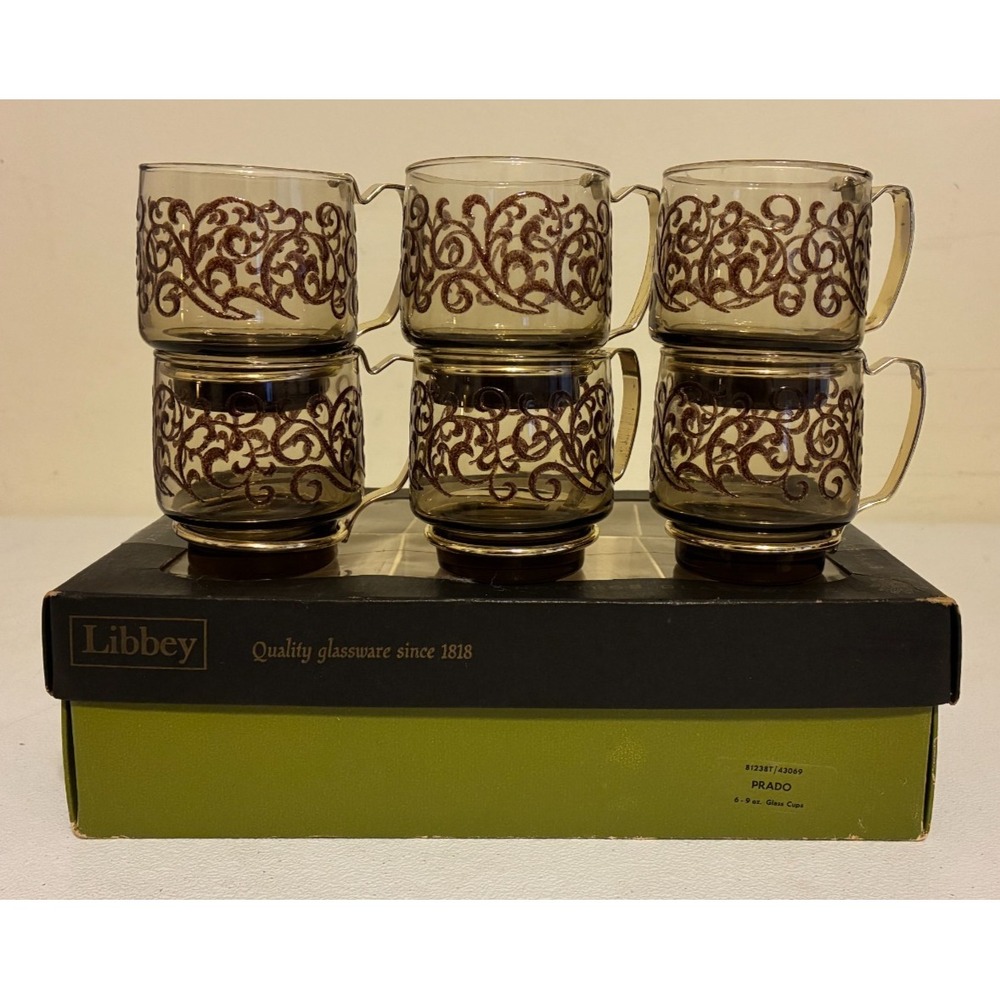6 Libbey Prado Glasses Cup Mug Gold Tone Handle Tawny Brown MCM Hostess Set BOX